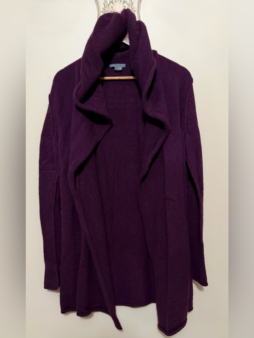 LN Vince Deep Plum Open-Front Draped Hooded Cashmere Cardigan Sz L